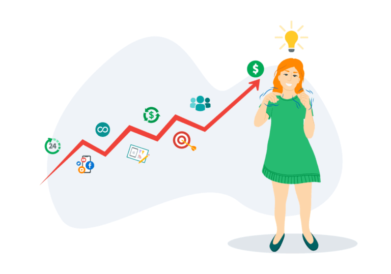 An illustration of a red line going up and up. A white woman is on the right.