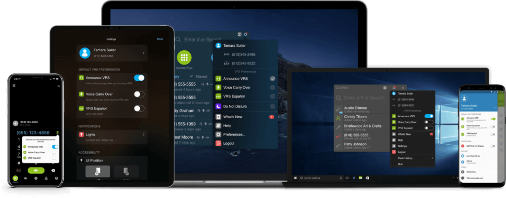 Tablets, phones, and monitors showing Convo VRS Apps