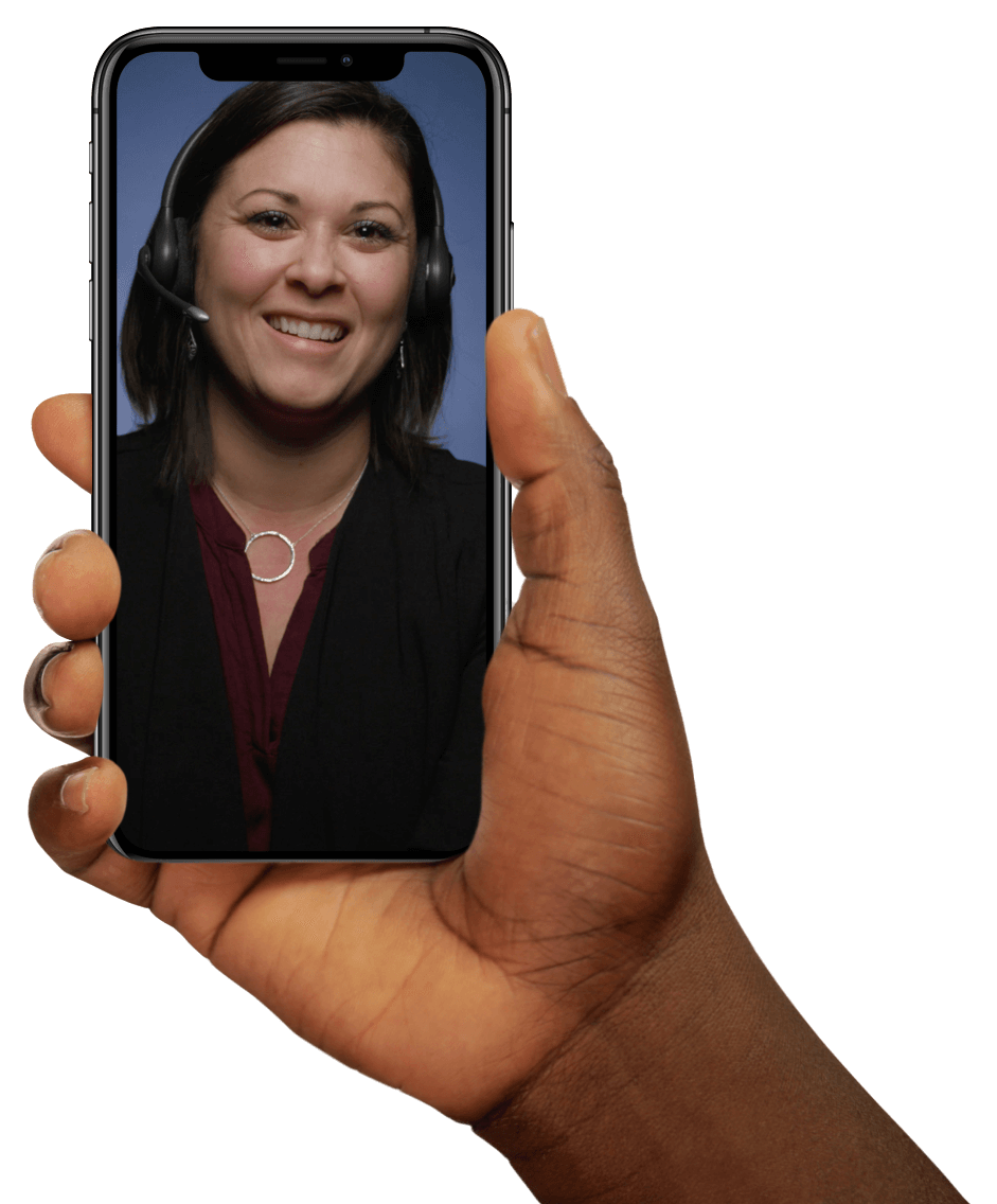 A phone showing a white woman interpreting