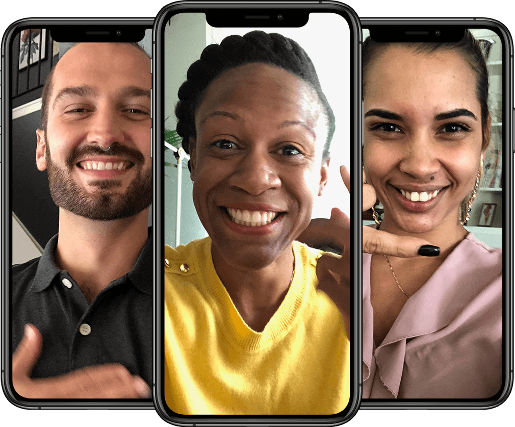 Three individuals smiling via iPhones
